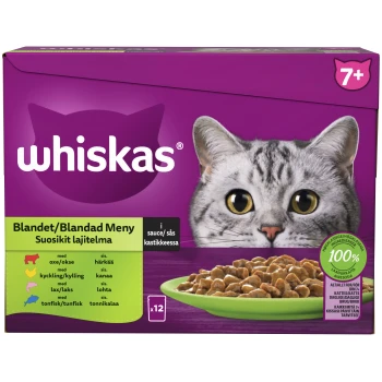 Whiskas Katzenfutterbox für Katzen ab 7 Jahren, mit einer Nahaufnahme des Gesichts einer Katze, einem grünen Teller mit Trockenfutter und Text, der die Geschmacksrichtungen beschreibt.