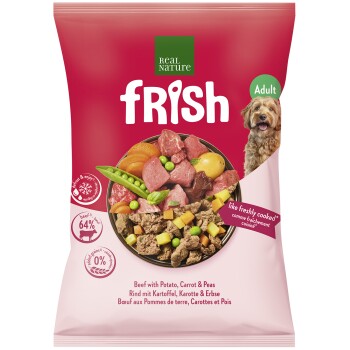 Tüte Real Nature frish Adult-Hundefutter mit einer Schale mit Rind, Kartoffel, Karotten & Erbsen, Hundebild und 'NEW – NEU'-Aufkleber.