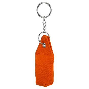 Oranger Stoff-Schlüsselanhänger mit Metallringen, gestaltet als kleine Tasche oder Spielzeugzubehör.