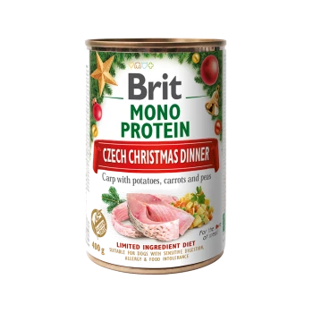 Dose mit Hundefutter mit der Aufschrift 'Brit Mono Protein Tschechisches Weihnachtsessen' mit Karpfen, Kartoffeln, Karotten und Erbsen, 400 g.