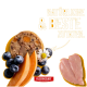 Fleischlaib, Heidelbeeren, Melonenscheiben, Gänseblümchen und rohes Hähnchen auf orange Hintergrund; Text „NATÜRLICHE & BESTE ZUTATEN“ und „FLEISCHESLUST“.