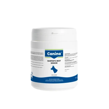 Barfer's Best Hund Senior 500g Weißer Behälter von "Canina BARFER'S BEST SENIOR" für Hunde, mit einem blauen Etikett mit Nährwertinformationen und einer Hundesilhouette.