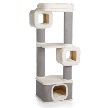 Katzenbaum mit mehreren Ebenen, weichem cremefarbenem und grauem Stoff, mit würfelförmigen Verstecken und Kratzpfosten.