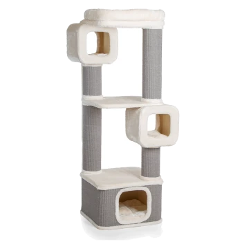 Katzenbaum mit mehreren Ebenen, weichem cremefarbenem und grauem Stoff, mit würfelförmigen Verstecken und Kratzpfosten.