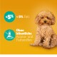 Ein flauschiger brauner Hund sitzt vor einem hellgelben Hintergrund, mit Text, der '<5% Fett' und 'Ohne künstliche Aroma- und Farbstoffe' angibt.