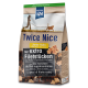 Hundefutterverpackung mit der Aufschrift "Twice Nice" mit "Junior Huhn" und extra Filetstücken, die das Duo-Protein und das getreidefreie Rezept hervorheben.