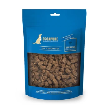 Emballage bleu de friandises pour chiens ESCAPURE avec 98 % de viande, avec des morceaux de viande d'autruche visibles à l'intérieur.