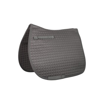 Grau gepolsterte Satteldecke mit einer strukturierten Oberfläche und einem Riemen zur Sicherung, vor einem weißen Hintergrund präsentiert.