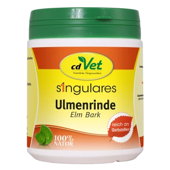 Behälter mit cdVet Ulmenrinde (Ulmenrinde) mit einem grünen Deckel, beschriftet mit "100% NATUR" und "reich an Gerbstoffen", was auf natürliche Inhaltsstoffe hinweist.