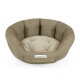 Ein gemütliches, rundes Haustierbett in neutralem Beige mit einem plüschigen, gepolsterten Zentrum und hohen, gepolsterten Seiten, mit dem Logo "Doctor Bark".