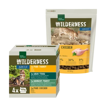 Wilderness Haustierfutterverpackung mit einer Box mit 4x100g Putenmahlzeiten und einem 300g Hühnerbeutel, mit Bildern einer Katze und Hühnern.