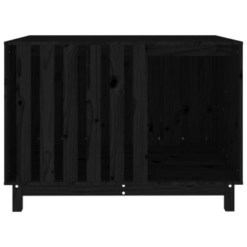 Schwarze Holz-Haustierbox mit lamellenartigen Seiten und offener Vorderseite, entworfen für die Unterbringung und den Komfort von Haustieren.
