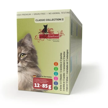 Boîte de nourriture pour chat présentant un gros plan du visage d'un chat, étiquetée 'Classic Collection II', avec '12 x 85g' et 'Fabriqué en Allemagne.'