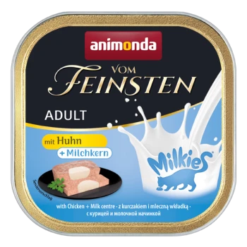 Verpackung für Nassfutter für Katzen mit "Animonda vom Feinsten Adult" mit Huhn und Milchfüllung, zeigt ein Stück Futter und einen Milchspritzer.