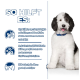 Ein flauschiger schwarz-weißer Hund lächelt auf einer weißen Oberfläche, mit blauem Text, der die gesundheitlichen Vorteile für Haustiere im Hintergrund hervorhebt.