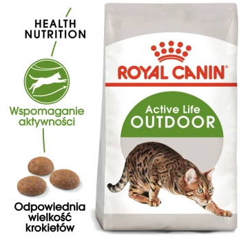 Torba z karmą dla kotów Royal Canin Active Life Outdoor z ilustracją kota bengalskiego, z tekstem podkreślającym zdrowe odżywianie i rozmiar krokietów.