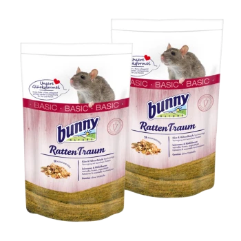 Zwei Tüten "bunny nature RattenTraum" Rattenfutter, mit einer kleinen Ratte und beschriftet mit "28 Komponenten" und "Unsere Glücksformel."