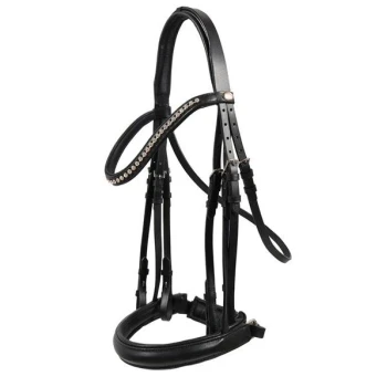 Schwarzes Lederpferdegeschirr mit dekorativen Strasssteinen und verstellbaren Riemen, vor einem weißen Hintergrund präsentiert.