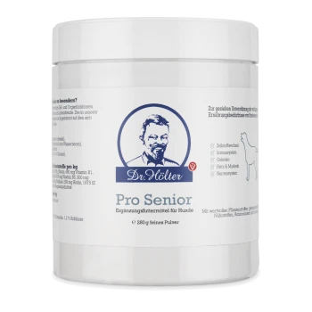 Behälter von Dr. Hölter Pro Senior, ein Nahrungsergänzungsmittel für Hunde, 280g feines Pulver, mit ernährungsphysiologischen Angaben und Anwendungshinweisen.