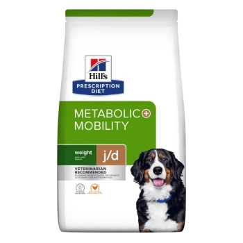Sac de nourriture pour chiens Hill's Prescription Diet Metabolic + Mobility avec un chien de montagne bernois sur le devant, étiqueté "Veterinarian Recommended."