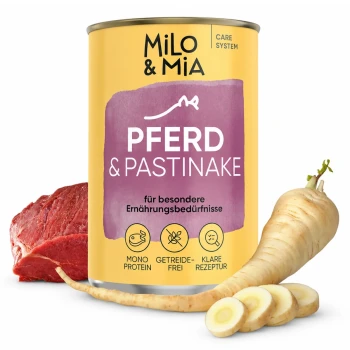 Pferd & Pastinake 6x400 g Dosen-Hundefutter "Milo & Mia" mit einem Cartoon-Hund, beschriftet mit "Pferd und Pastinake" und Vorteilen wie "Immun Booster" und "Darm Wohl."