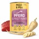 Dosen-Hundefutter "Milo & Mia" mit einem Cartoon-Hund, beschriftet mit "Pferd und Pastinake" und Vorteilen wie "Immun Booster" und "Darm Wohl."