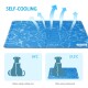 Selbstkühlende Tiermatte mit einem blauen Wasserdesign, das eine Temperaturreduktion von 39°C auf 37,5°C für Haustiere zeigt.