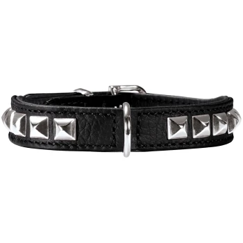 Halsband Rocky Petit schwarz 30 cm Schwarzes Leder-Haustierhalsband, verziert mit silbernen Pyramidennieten und einer Metallschnalle.