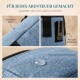 Blauer Denim-Haustierkotbeutelspender mit verstellbaren Riemen und Clips. Text: "ROBUST + FUNKTIONAL MIT NÜTZLICHEM KOTBEUTELSPENDER."