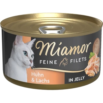Miamor Feine Filets Katzenfutterdose mit weißer Katze, den Aufschriften 'Huhn & Lachs' und 'IN JELLY', Bild von zerkleinertem Lachs und Hühnchen.