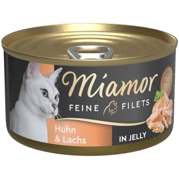Miamor Feine Filets Katzenfutterdose mit weißer Katze, den Aufschriften 'Huhn & Lachs' und 'IN JELLY', Bild von zerkleinertem Lachs und Hühnchen.