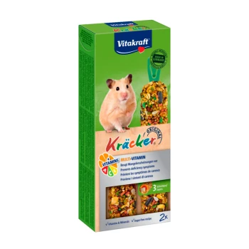 Vitakraft Kräcker Multi-Vitamin-Leckerli für Hamster, mit einem niedlichen Hamster auf der Verpackung, mit Text, der Vitamine und Mineralien hervorhebt.