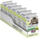 Sechs Packungen Perfect Fit Natural Vitality Katzenfutter für Erwachsene, mit einer Nahaufnahme einer Katze auf der Vorderseite und dem Hinweis '95% Protein' und 'mit Lachs'.