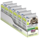 Sechs Packungen Perfect Fit Natural Vitality Katzenfutter für Erwachsene, mit einer Nahaufnahme einer Katze auf der Vorderseite und dem Hinweis '95% Protein' und 'mit Lachs'.
