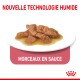 Nourriture humide pour animaux en sauce, avec des morceaux de viande tendres sur une assiette blanche, avec le texte "Nouvelle Technologie Humide" et "Morceaux en Sauce."