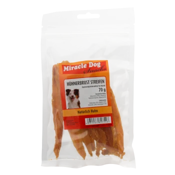 Miracle Dog Snacks Hähnchenbruststreifen für Hunde, 70g, natürliches Hähnchen, mit Hundeabbildung auf dem Etikett.