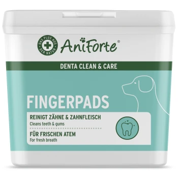 Zahnpflege Fingerpads 50 Stück Behälter mit AniForte Denta Clean & Care Fingerpads, mit einer Hundesilhouette, mit dem Text "Reinigt Zähne & Zahnfleisch" und "Für frischen Atem."