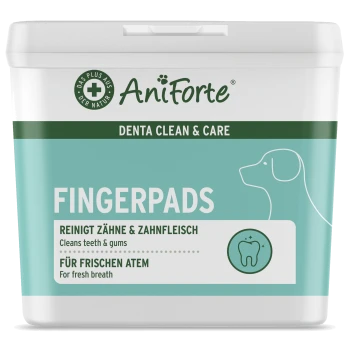 Behälter mit AniForte Denta Clean & Care Fingerpads, mit einer Hundesilhouette, mit dem Text "Reinigt Zähne & Zahnfleisch" und "Für frischen Atem."