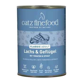 Catz Finefood Classic Adult Katzenfutterdose, Lachs & Geflügel mit Tomaten & Spinat, getreidefrei, ohne Zuckerzusatz.