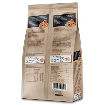 Verpackung für Hundefutter mit einem 1-kg-Beutel, beschriftet mit "Die Fleisch-formel" und "The meat formula", das den Nährstoffgehalt und die Zutaten hervorhebt.