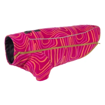 Climate Changer™ Fleece-Jacke Für Hunde pink M Eine lebendige pinke Hundejacke mit orangefarbenen Wirbeln, ausgestattet mit einem goldenen Reißverschluss und schwarzem Futter, entworfen für Wärme und Stil.