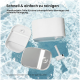 Weiße, zerlegte Teile eines Haustier-Wasserbrunnens schwimmen auf Wasser; sichtbarer Text: 'Schnell & einfach zu reinigen'.