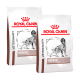Zwei Tüten Royal Canin Veterinary Hepatic Hundefutter, mit einer schwarz-weißen Hundillustration und dem Markenlogo auf einem weißen Hintergrund.