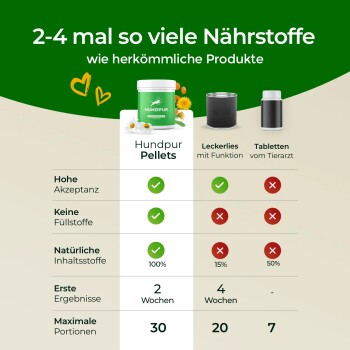Zwei Hunde auf einem grasbewachsenen Feld neben einem grünen Behälter mit der Aufschrift "HUNDPUR", mit "AKUT" für die Verdauung und "VORSORGE" für das Magen-Gleichgewicht.