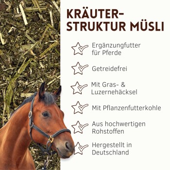 Kräuter-Struktur-Müsli: Pferdekopf, zerkleinertes Kräuterfutter; sichtbarer Text: 'Ergänzungsfutter für Pferde, Getreidefrei'.