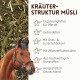 Kräuter-Struktur-Müsli: Pferdekopf, zerkleinertes Kräuterfutter; sichtbarer Text: 'Ergänzungsfutter für Pferde, Getreidefrei'.