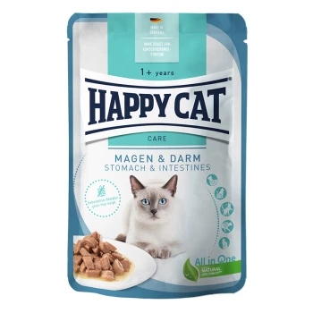 Happy Cat Care Futterbeutel für Katzen, mit einer weißen Katze auf der Vorderseite, beschriftet 'Magen & Darm', mit einer Schüssel mit Nassfutter.