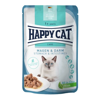 Happy Cat Care Futterbeutel für Katzen, mit einer weißen Katze auf der Vorderseite, beschriftet 'Magen & Darm', mit einer Schüssel mit Nassfutter.