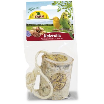 JR Farm Holzrolle bird treat for budgerigars and canaries with seeds in a wooden roll, hanging rope included.