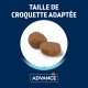 Twee stukjes hondenvoer op een witte achtergrond, met de tekst "TAILLE DE CROQUETTE ADAPTÉE" erboven en het "ADVANCE" logo eronder.
